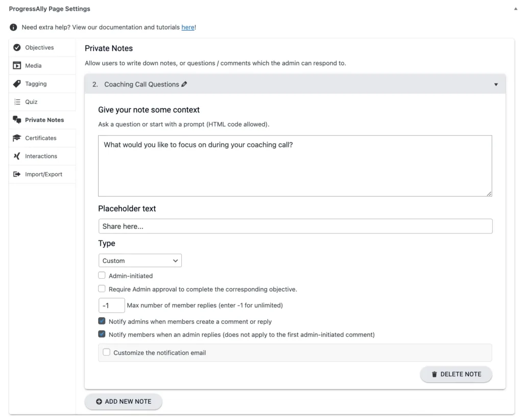 Coaching Call Questions Private Note in AccessAlly