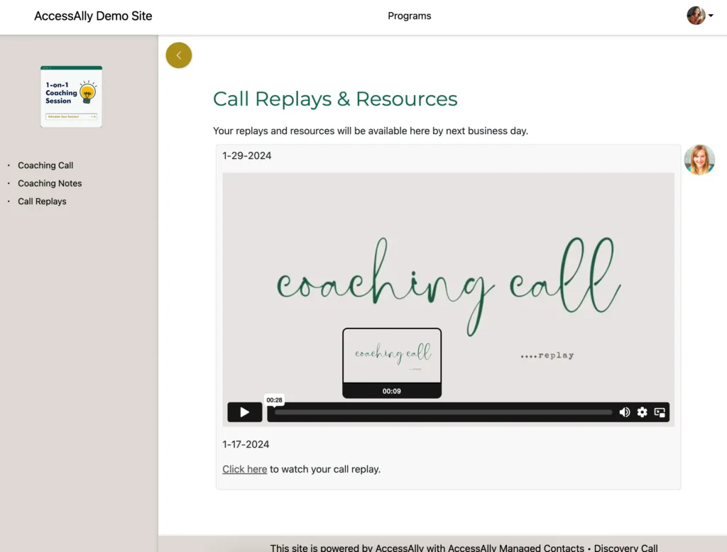 Coaching call replays in AccessAlly
