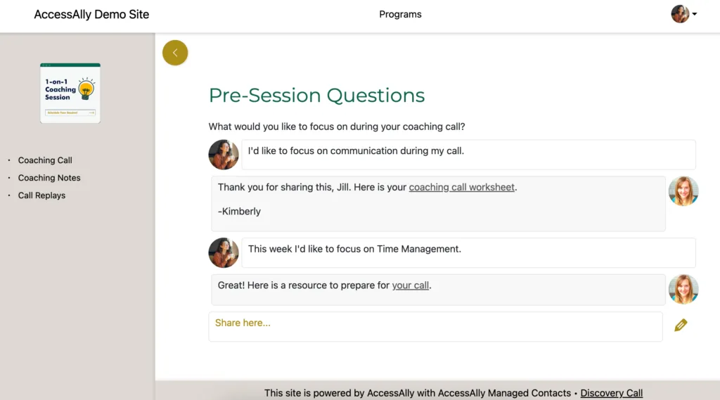 Coaching notes page in AccessAlly