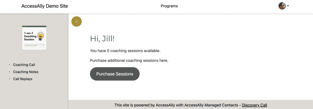 Coaching Session purchase in AccessAlly