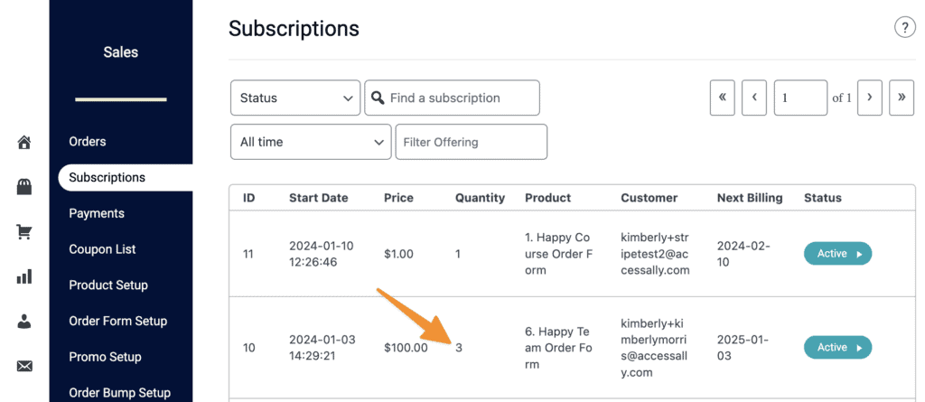Quantity on Subscriptions Log in AccessAlly