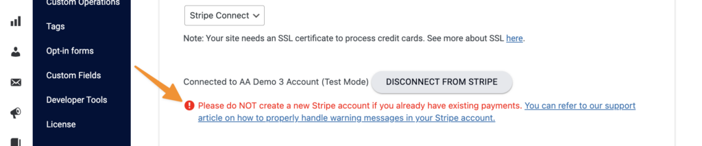 Stripe Already Connected Warning Message in AccessAlly