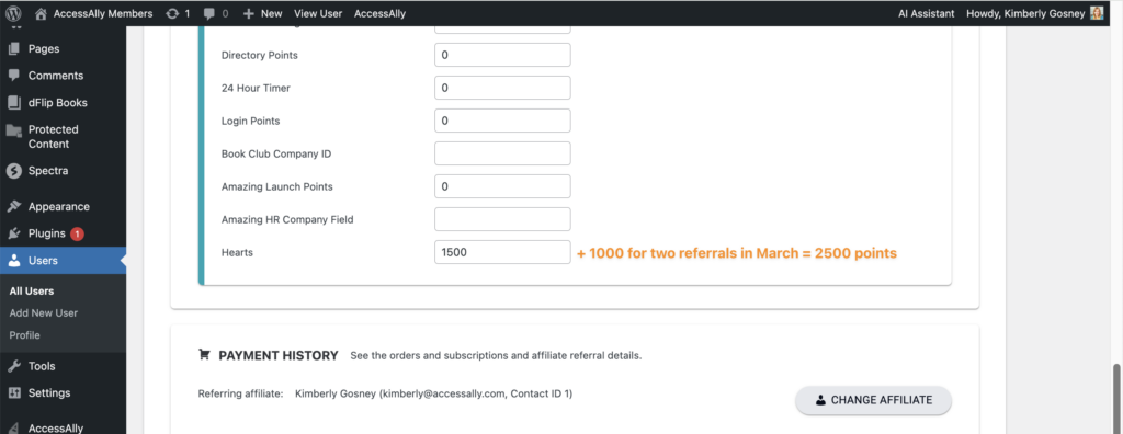 Points in WordPress user in AccessAlly