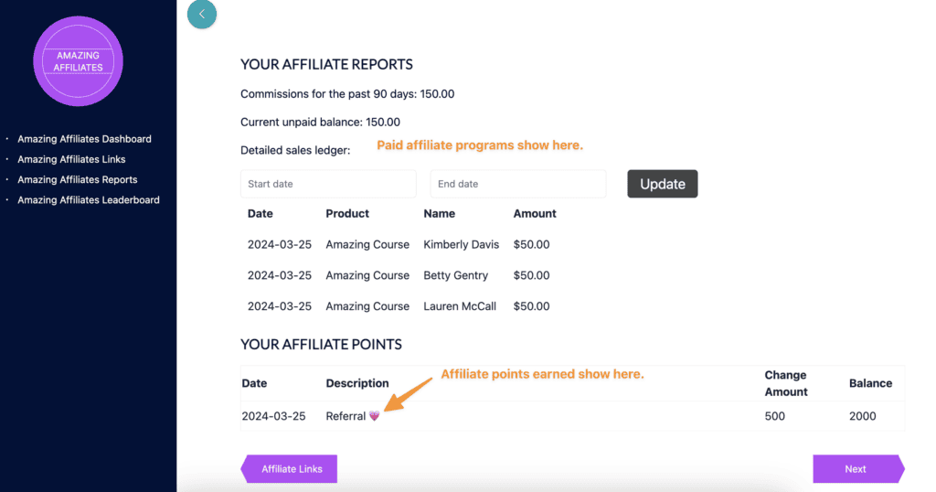 Show Affiliate Earning by Points in AccessAlly