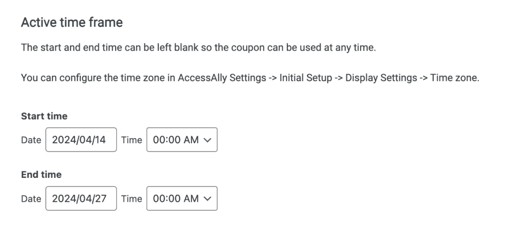 Coupon code active time frame in AccessAlly