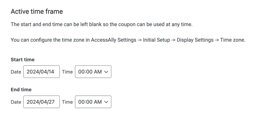 Coupon code active time frame in AccessAlly