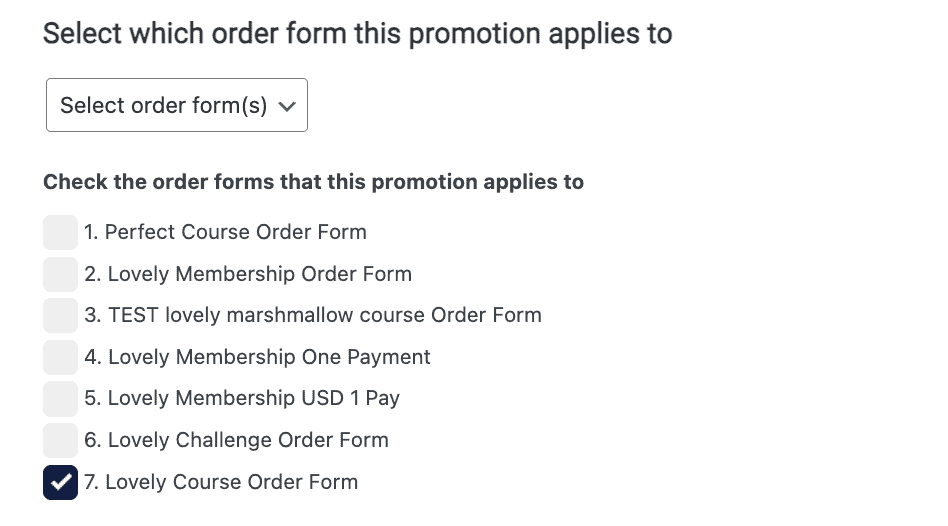 Select Order Forms in Coupon with AccessAlly