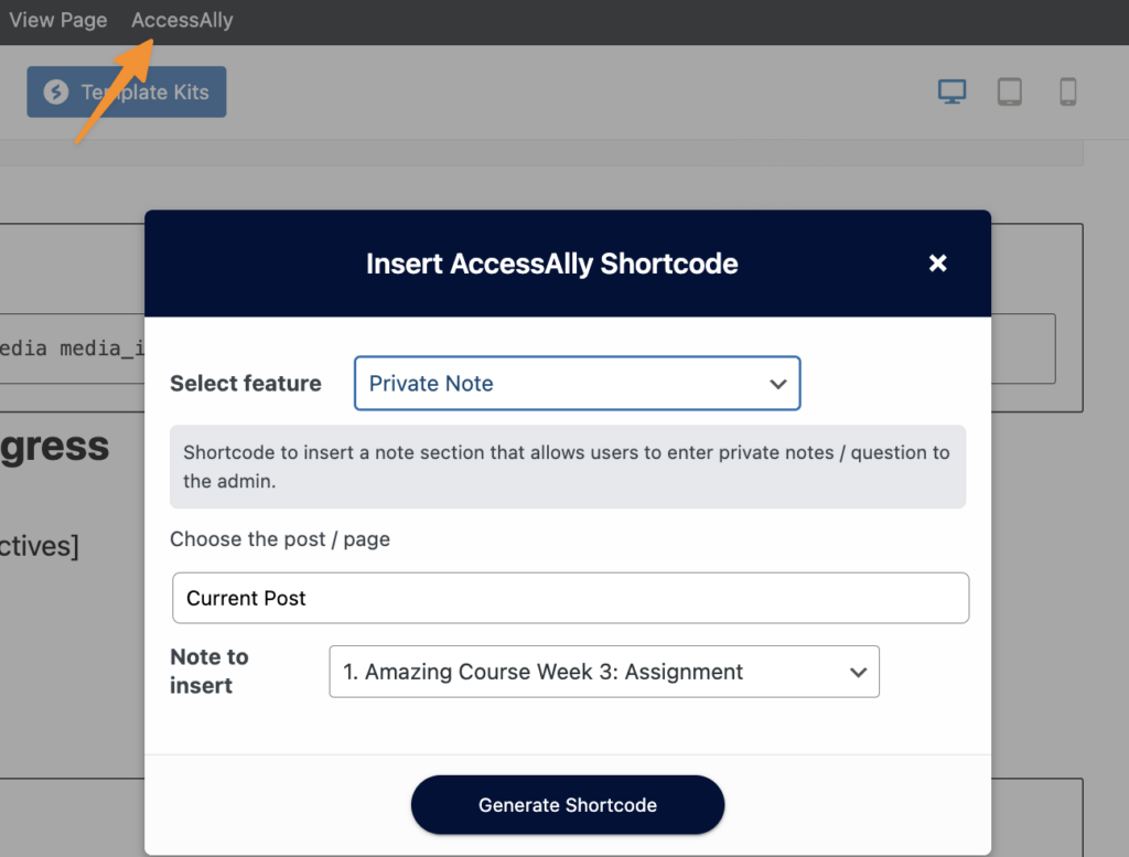 Shortcode Generator for Private Notes in AccessAlly