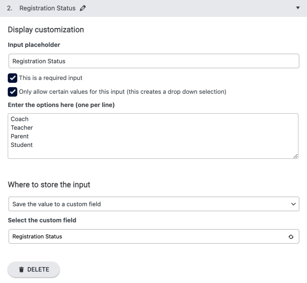 Available options for custom field team member registration