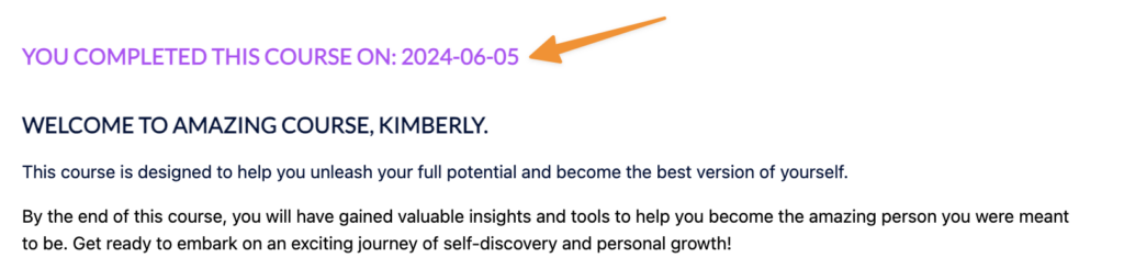 Example of course completion date shortcode