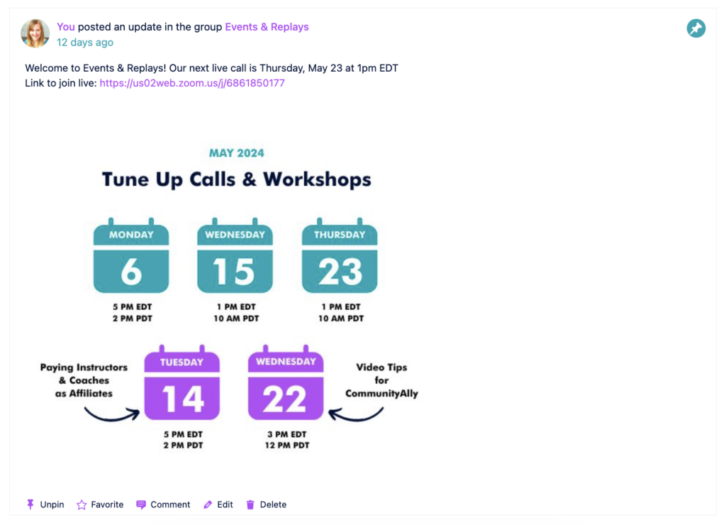 Share call schedule and join link in group feed