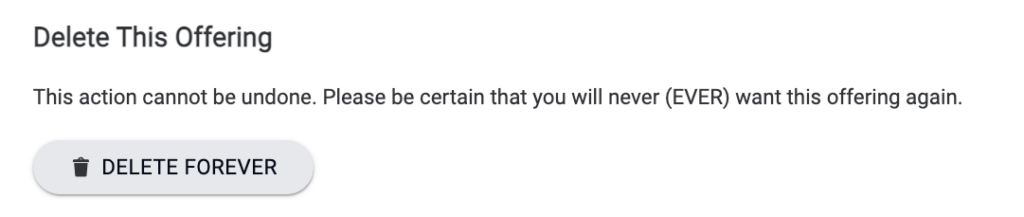 Delete this offering is an option for removing the offer from AccessAlly. WordPress pages and tags will not be deleted.