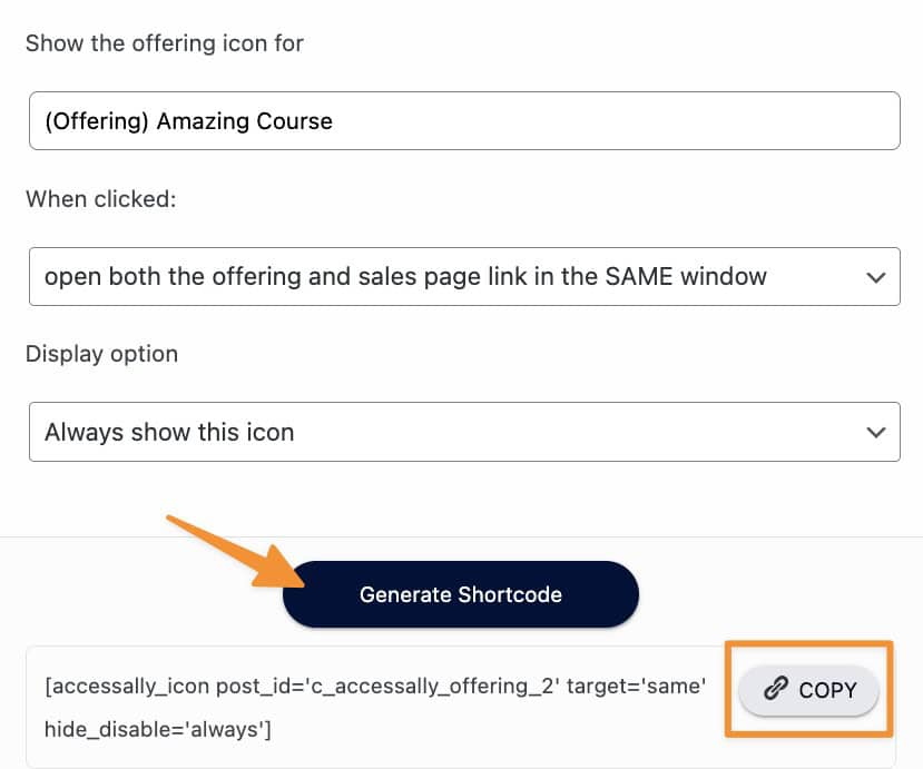 Generate shortcode then copy code