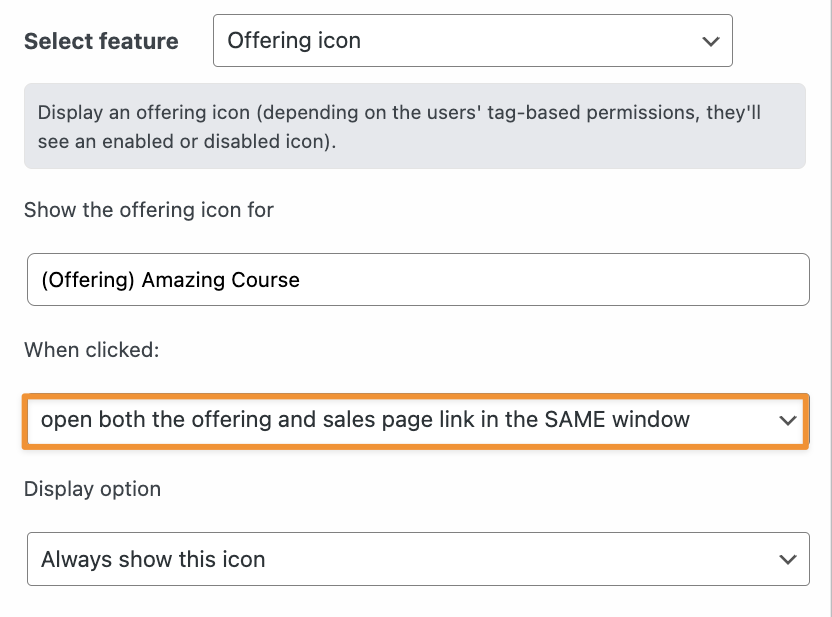 Offering Icon when clicked settings