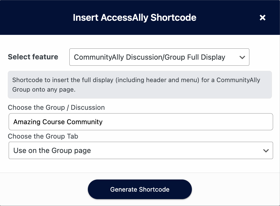 Shortcode generator group full display