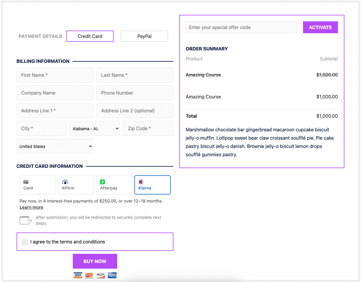 Klarna Order Form view in AccessAlly