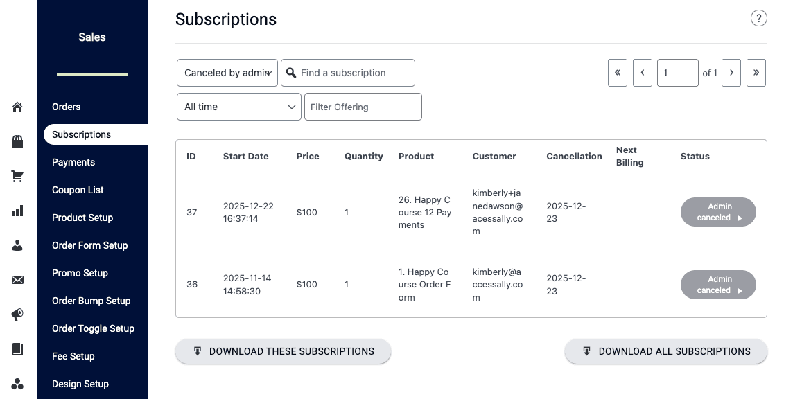 Admin Canceled Status Log
